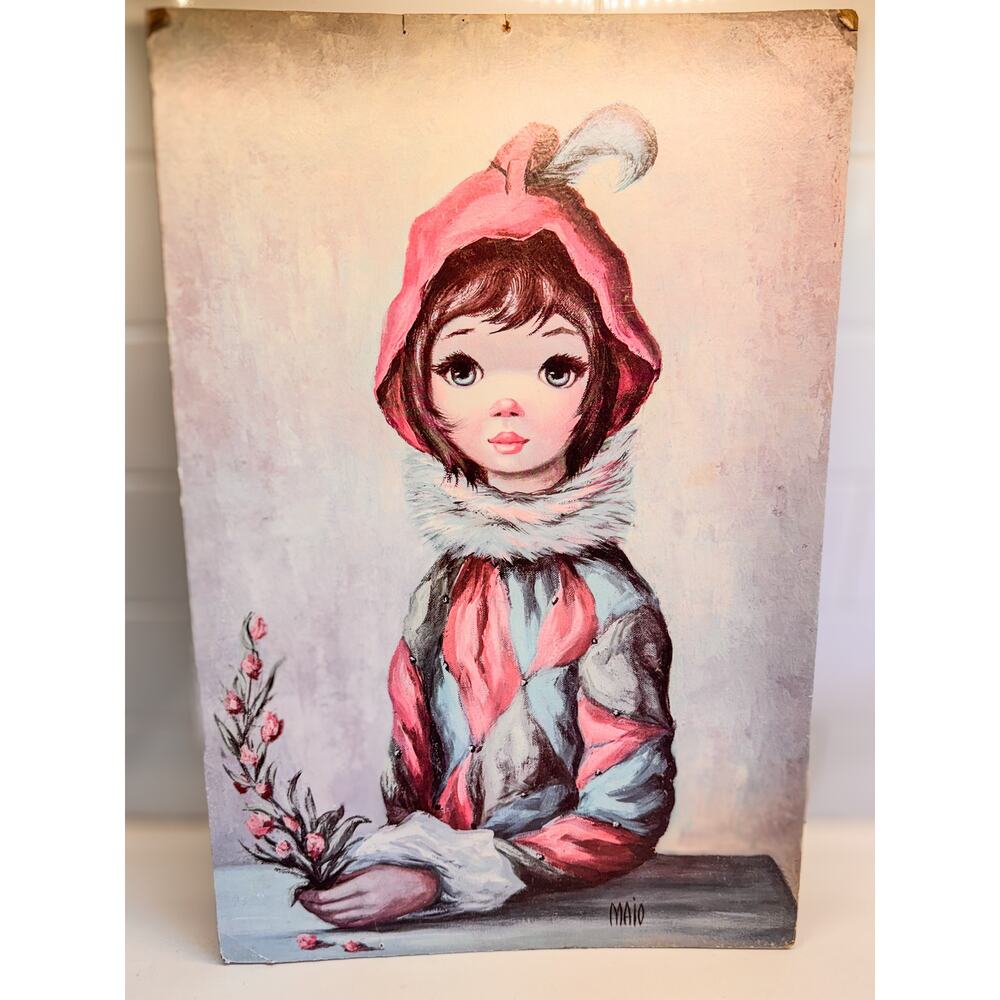 Vintage Maio Mardi Gras Girl, Hardboard Litho Art Print, Harlequin-18” x 12”